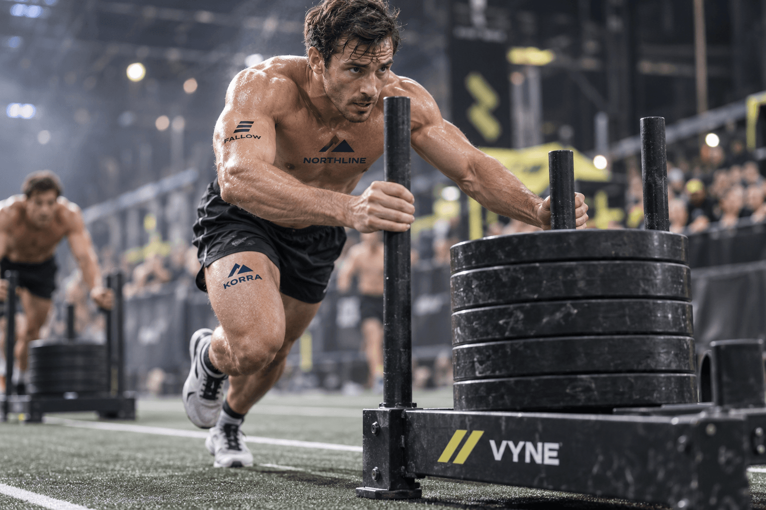 Illustration: a shirtless athlete pushing a weighted sled, with temporary sponsor transfers on the chest, upper arm and thigh, and a decal on the sled.