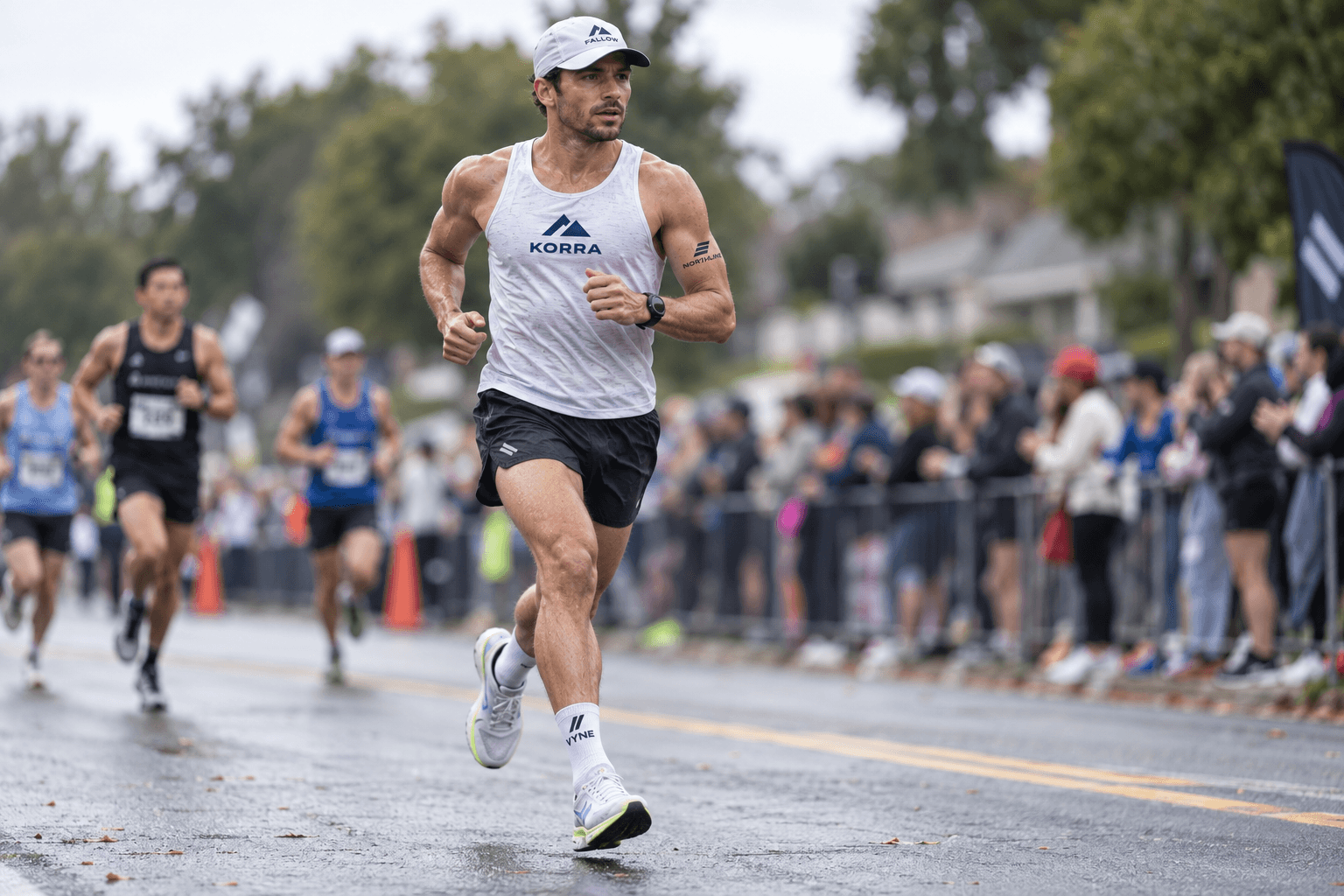 Illustration: a road runner at a 10K with sponsor logos on the singlet chest panel, the cap front, a bicep transfer and a sock.