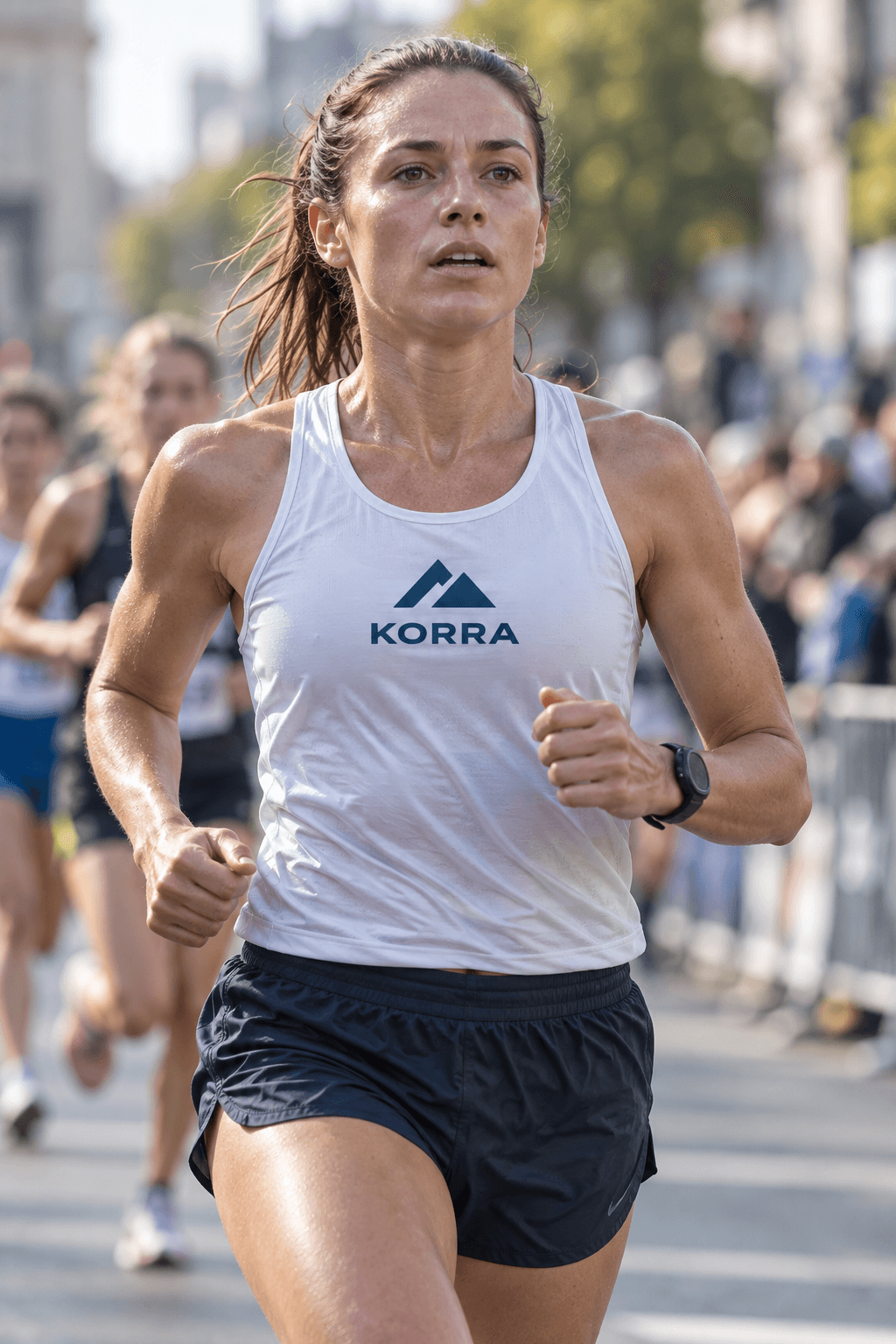 Illustration: a runner mid-race in a white singlet with a sponsor logo on the chest panel.